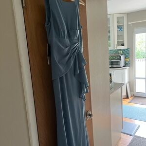 Azazie Blue Ruched Maxi Gown Wedding Guest
